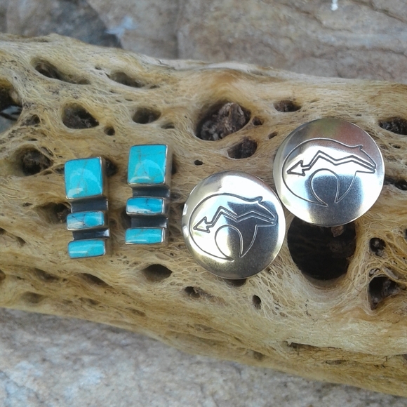 Sterling Silver Set of 2 pairs Earrings TURQUOISE - Picture 4 of 5